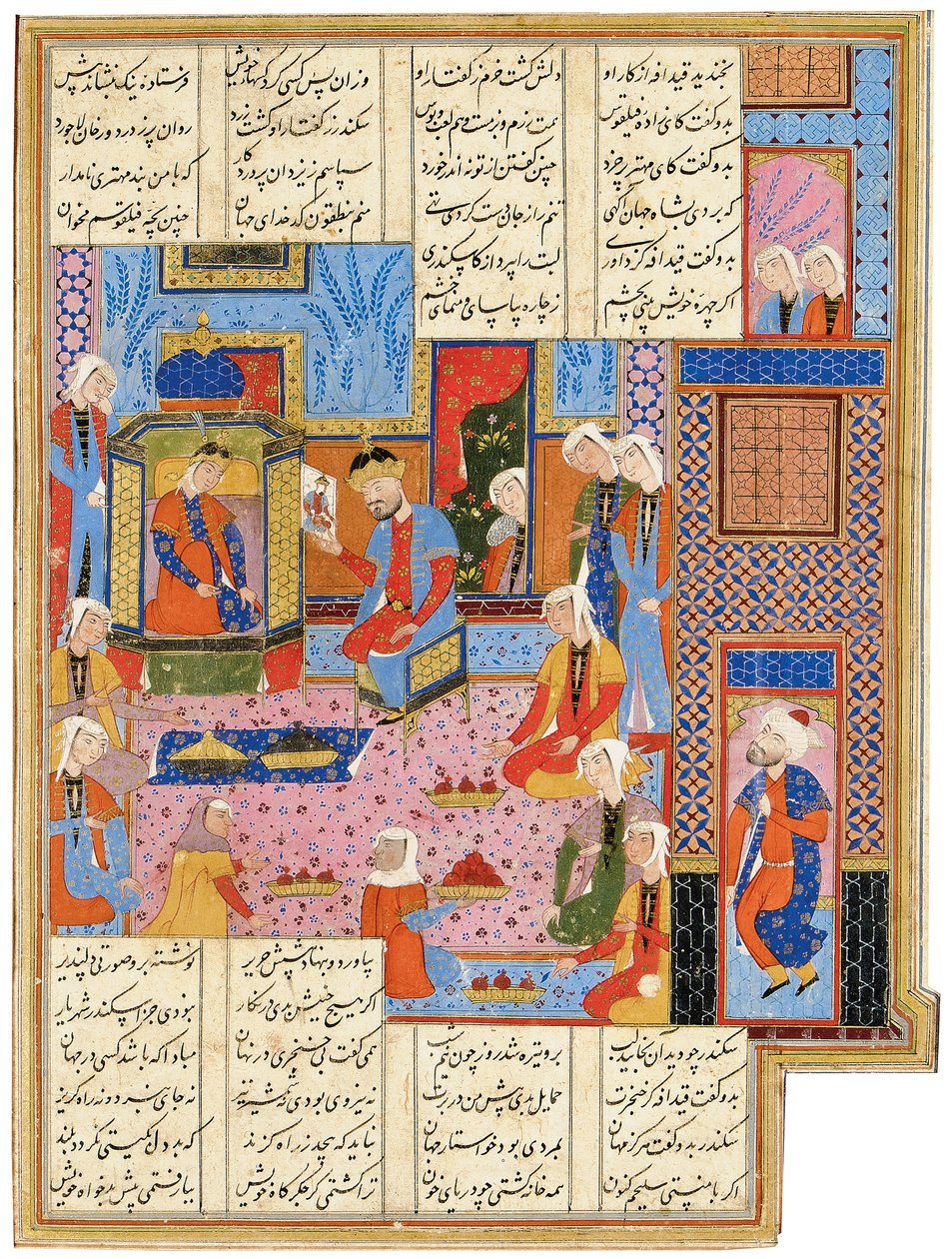 Ilustración de un Shahnama safávida: Alejandro, disfrazado de enviado, es reconocido por la reina Nushaba, Shiraz, Irán, 1650-1700 de Persian School