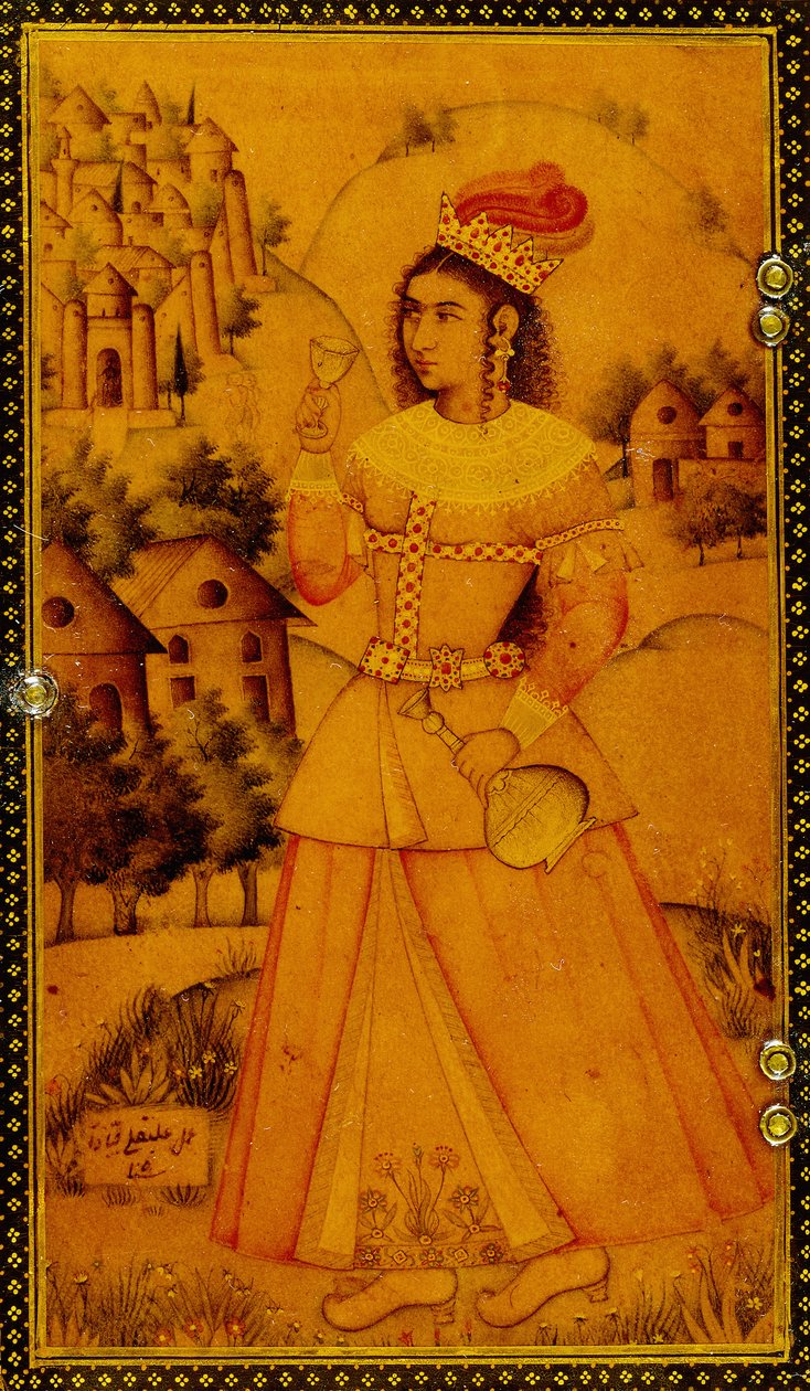 Interior de una caja de espejo pintada con una dama europea estilizada sosteniendo una copa de vino y una botella, siglo XVII de Persian School