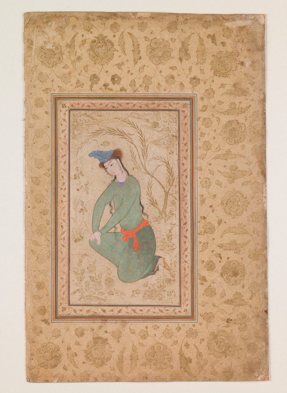 Joven arrodillado, principios del siglo XVII (acuarela sobre papel) de Persian School