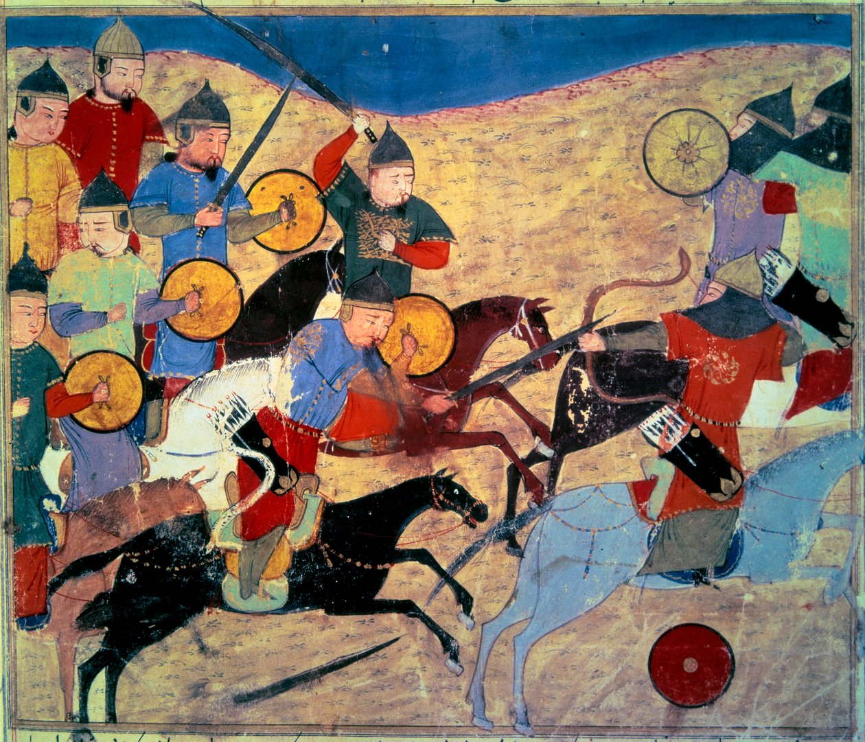 Fuga de Noqai (Kara Nogai Khan, bisnieto de Genghis Khan, murió en 1299). Jinetes mongoles. Manuscrito persa pintado “Sum of Stories (Djame al-tavarikh)” (Folio 155v), escrito por Rachid al-Din Fazl de Persian School