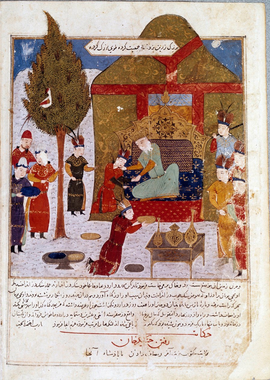 Emperador mongol Genghis Khan (1167-1227) en su trono en un campamento cerca de Ilmil con sus nietos Quibalai y Hule Gu de Persian School