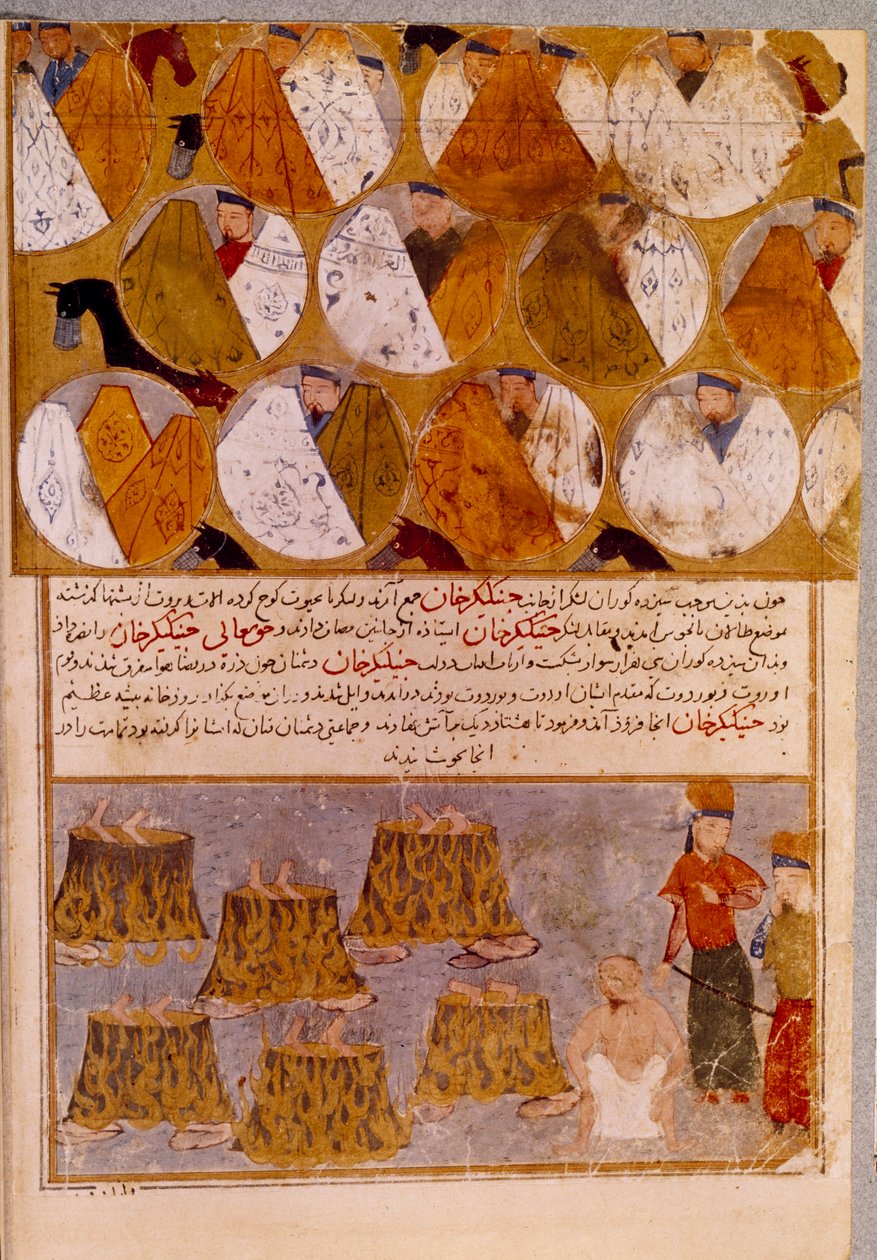 Tiendas mongolas y prisioneros de Genghis Khan (1162-1227): Genghis Khan arroja a los seguidores de Djamuqua, un mongol de la tribu Jadjirat, a los calderos. Miniatura persa tomada de “Jami al-tawarikh” (Jami al tawarikh) o “Historia Universal” de Persian School