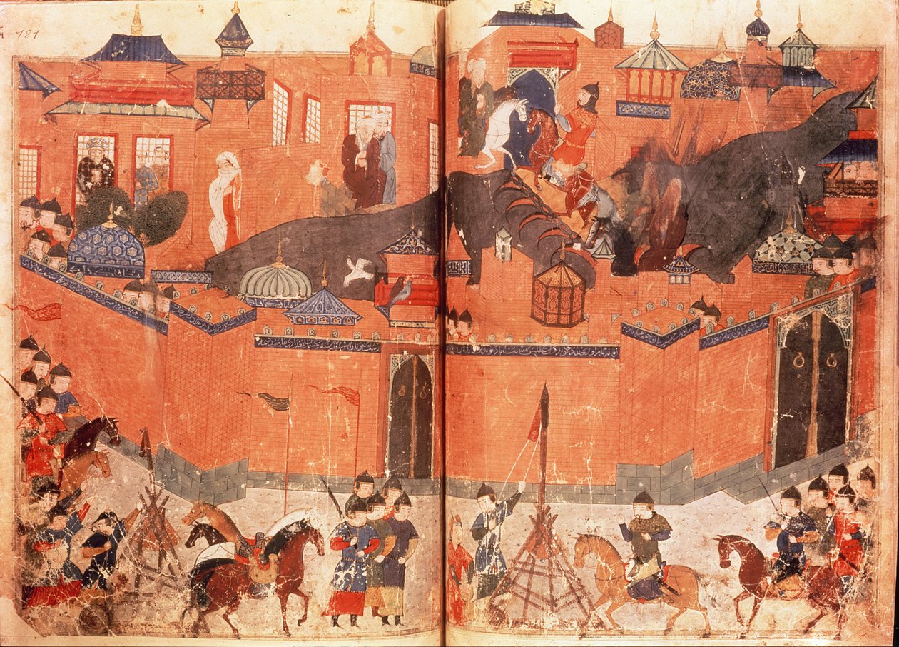 Ms.Sup.Pers.1113.f.180v-181 Asalto y toma de Bagdad por los mongoles de Hulagu Khan en 1258, extraído de un libro de Rashid al-Din (1247-1318) (vitela) de Persian School
