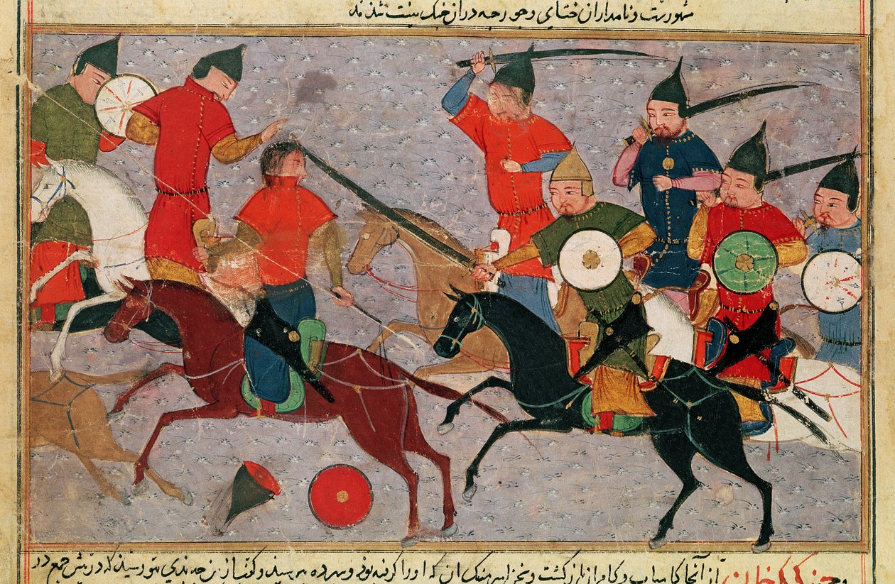 Genghis Khan en batalla, de un libro de Rashid-al-Din de Persian School