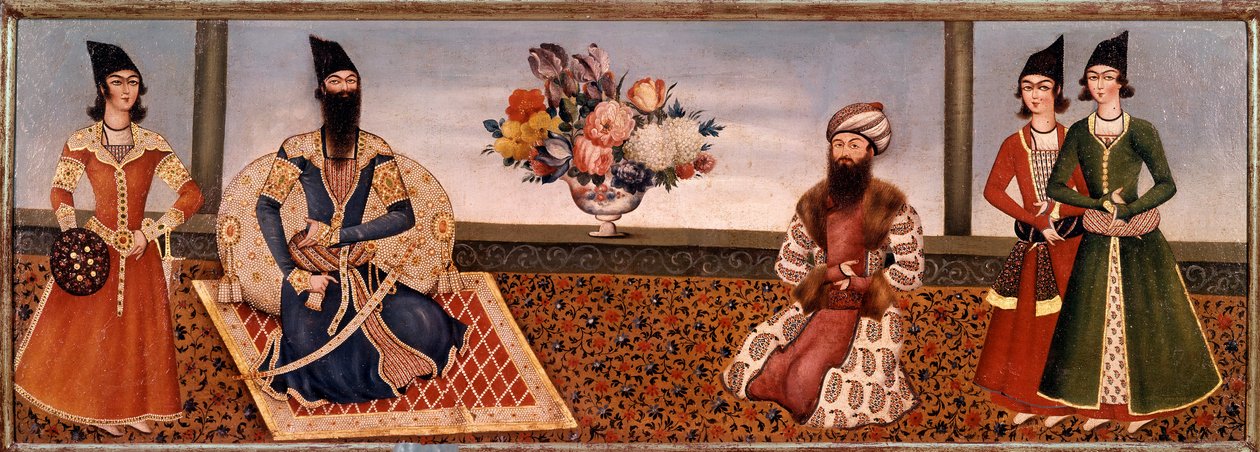 Rey persa Fath Ali Shah (1771-1834) rodeado de miembros de su corte. Pintura de la Escuela de Shiraz (siglo XIX) Teherán, Colección Foroughi de Persian School