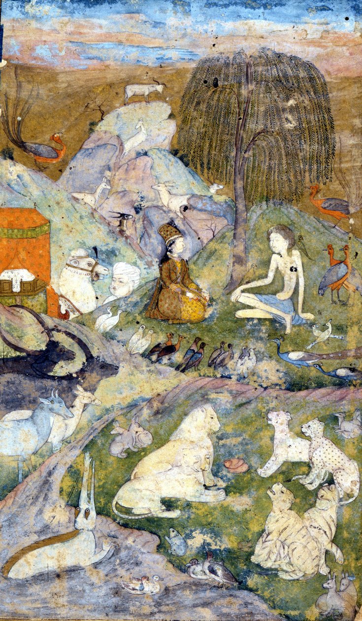 Miniatura persa del siglo XVII que representa la Creación del Mundo: Hombre y Mujer están representados cerca del árbol de la vida, así como todos los animales. Zoroastrismo: religión de Zaratustra (Zaratustra, Zarathushtra, Zaratustra o Zoroastro) de Persian School