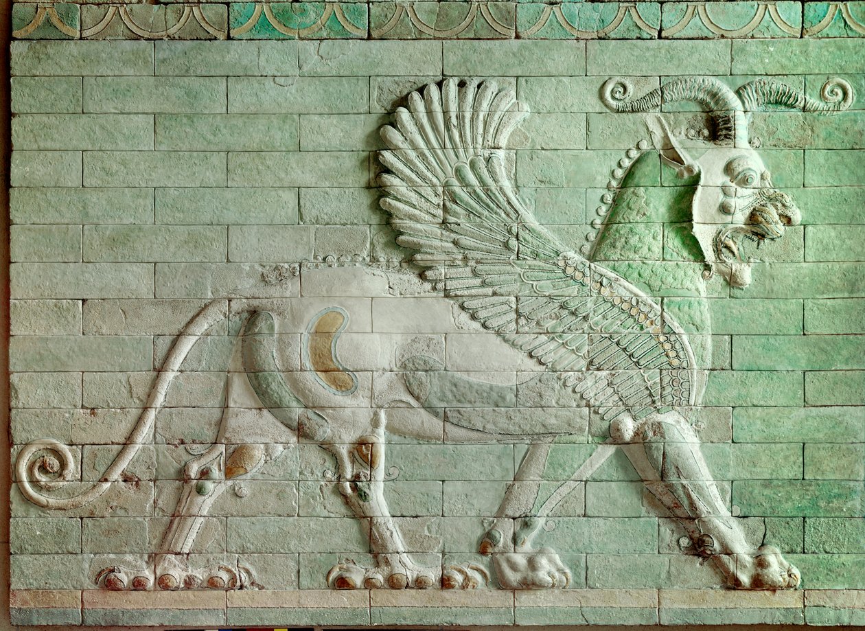 Período persa rouenide (Irán): bajorrelieve en ladrillo esmaltado que representa un grifo. Del Palacio de Darío I (550-486 a.C.), rey de Persia en Susa. 510 a.C. París, Museo del Louvre de Persian School