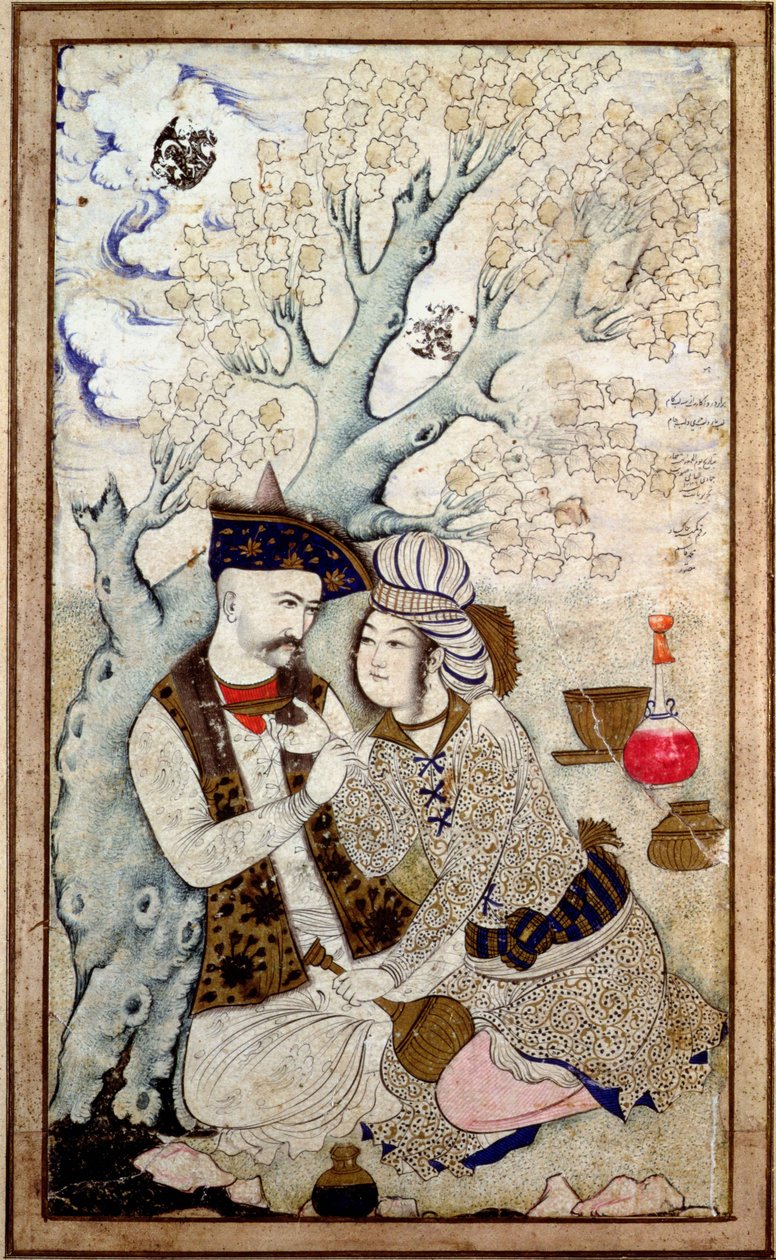 Retrato del sha Abbas I con uno de sus pajes, firmado Muhammad Qasim de Persian School