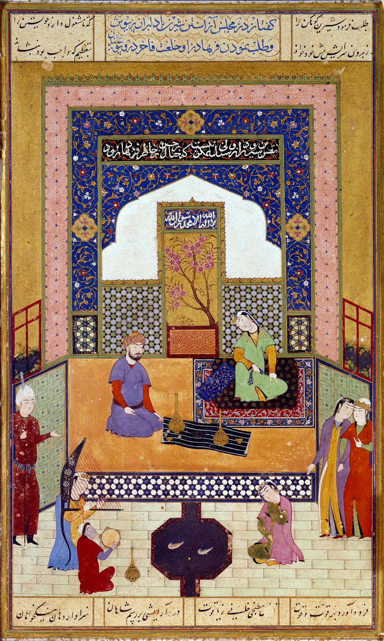 La princesa Shirin recibe a Farhad en su castillo en miniatura persa, ilustrando un episodio del 