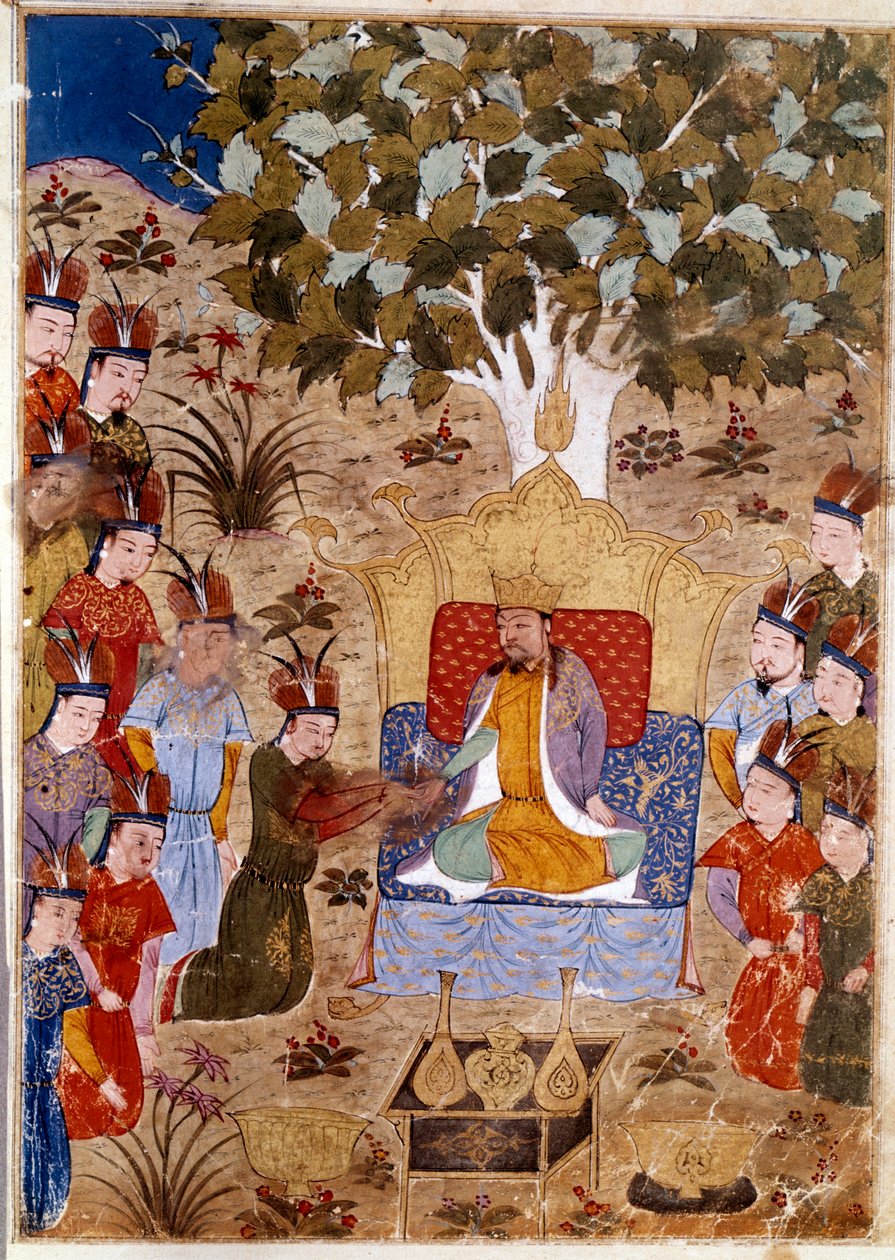 Representación de Chaghtai Khan (1227-1242) en su trono, hijo de Genghis Khan a caballo. Miniatura persa tomada de Jami al-Tawarikh (Historia Universal) por el historiador Rashid al-din (1247-1318) alrededor de 1430 de Persian School