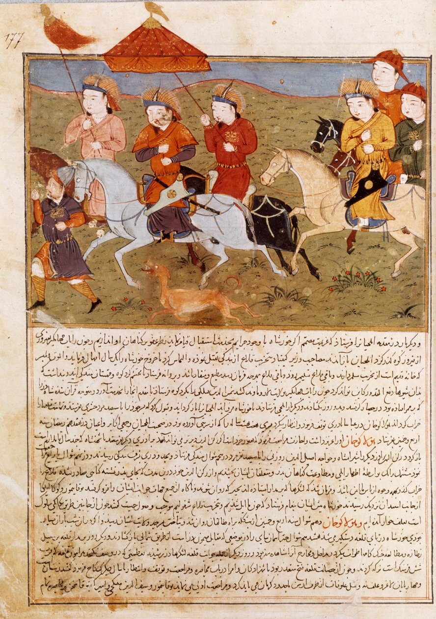 Representación de Hulagu Khan, nieto de Genghis Khan cabalgando. Miniatura persa tomada de 