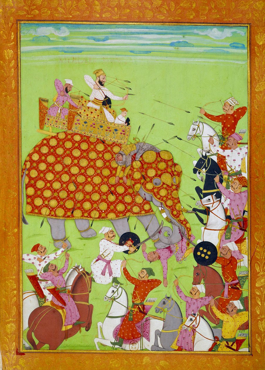 Representación de Murad Baksh (1624-1661), hijo del emperador mogol Shah Jehan luchando en un elefante. Miniatura persa del siglo XVII de Persian School