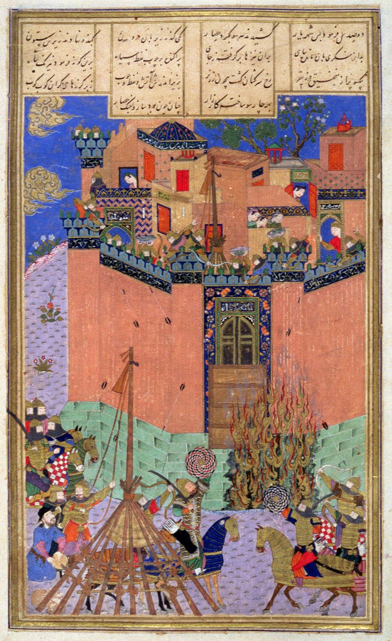 Rustam dirigiendo el asedio de Gang Bihisht, ilustración del Shahnama (Libro de los Reyes) de Abul-Qasim Manur Firdawsi de Persian School