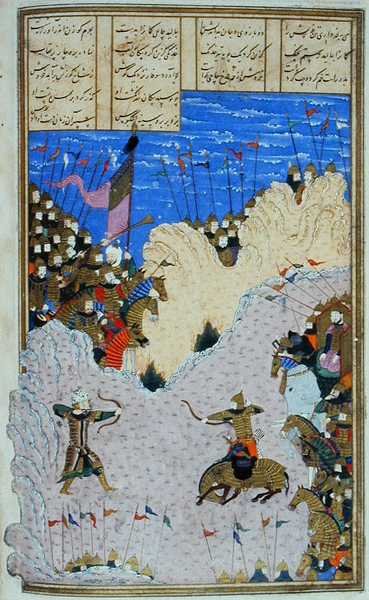 Rustam dispara a Ashkabus y su caballo, ilustración del 