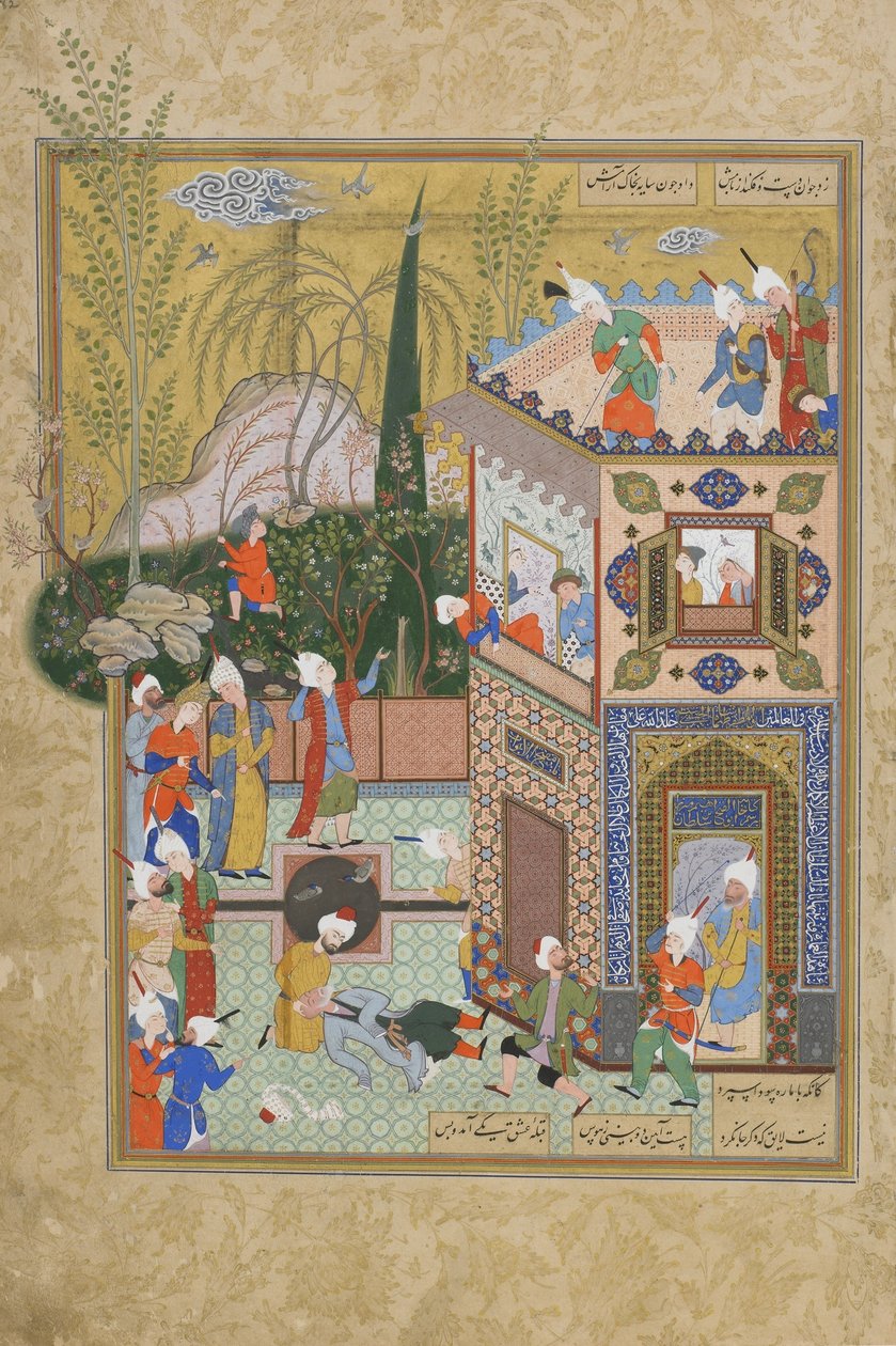 El viejo amante inconstante es derribado del tejado, folio del Haft awrang (Siete tronos) de Jami de Persian School