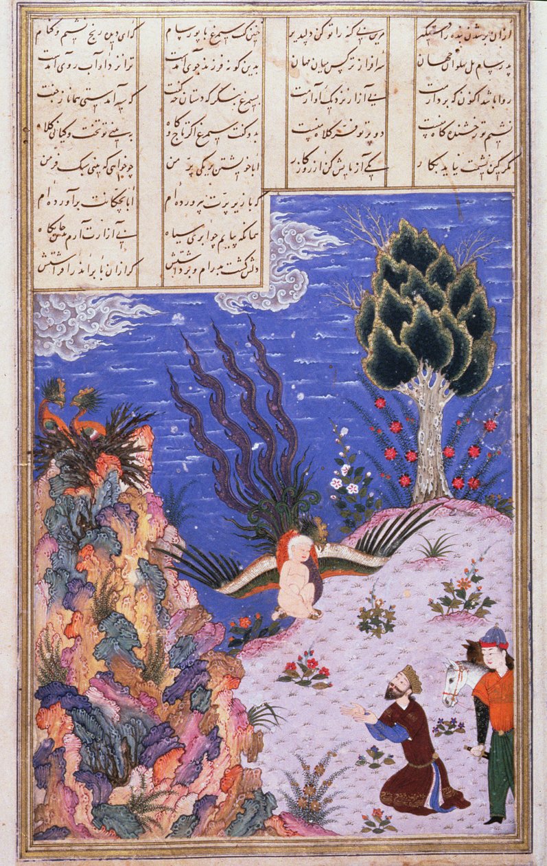 El Simurgh Devuelve al Niño Zal a su Padre Sam, ilustración del Shahnama (Libro de los Reyes), por Abul-Qasim Manur Firdawsi (c.934-c.1020) c.1440-45 de Persian School