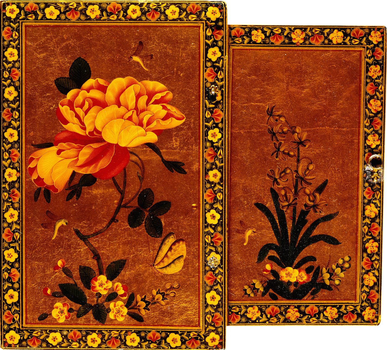 El frente y la parte trasera de una caja de espejo pintada con un jacinto y una rosa respectivamente, siglo XVII de Persian School
