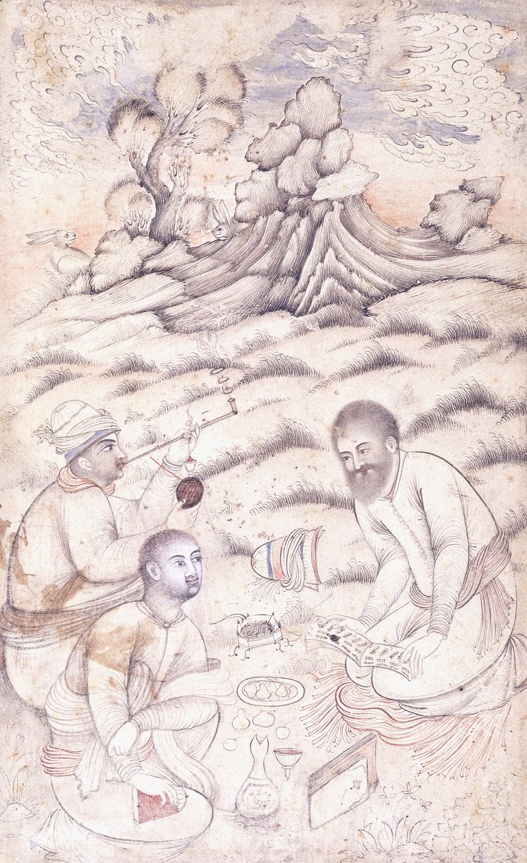 Tres jóvenes en un paisaje, c. mediados del siglo XVII de Persian School