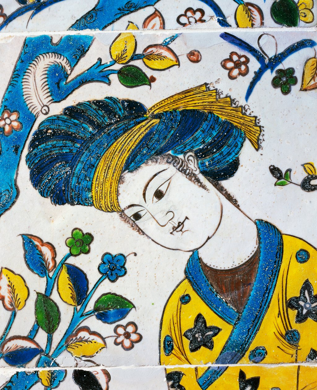 Joven con turbante, juegos en el jardín, detalle de azulejo cerámico de Chehel Sotoun, civilización persa de Persian School
