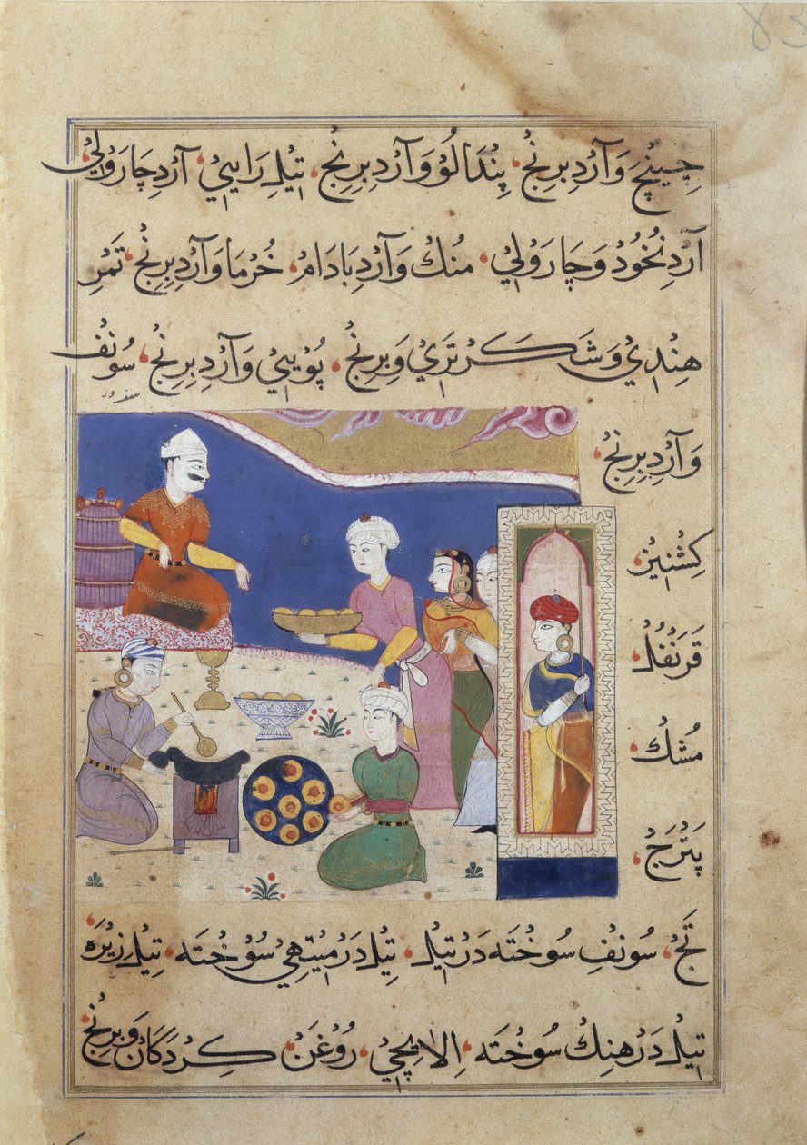f.83v Preparación de dulces para el sultán de Mandu, de un manuscrito sobre cocina india (vitela) de Persian School