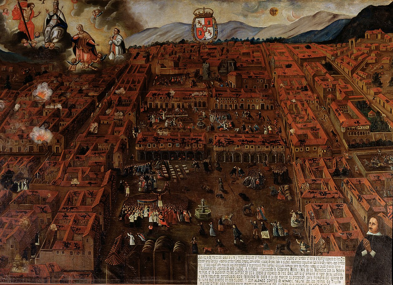Vista de Cuzco en el momento del terremoto de 1650 de Peruvian School