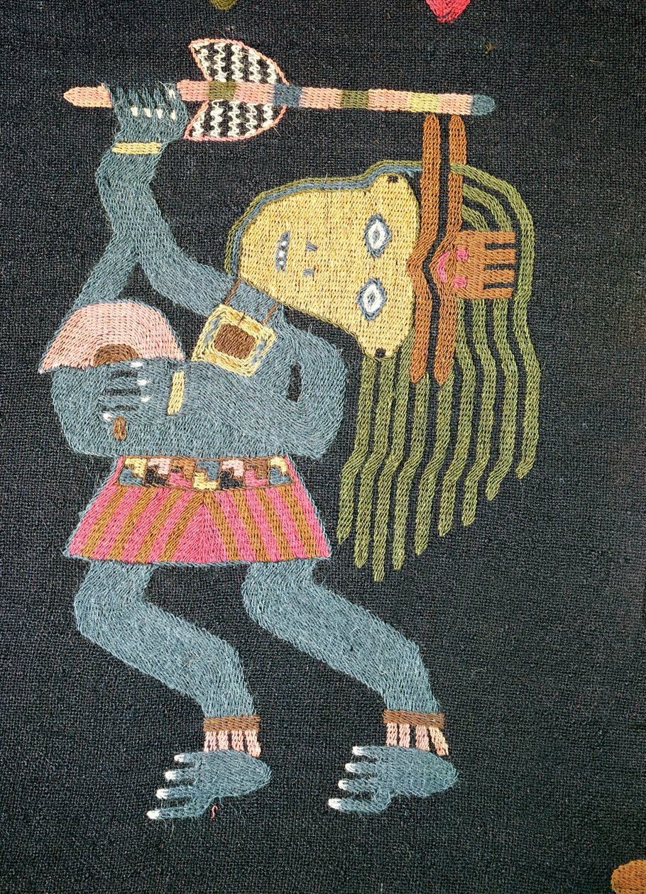 Bailarín de lana tejida con bastón, tribu Paracas (textil) de Peruvian School