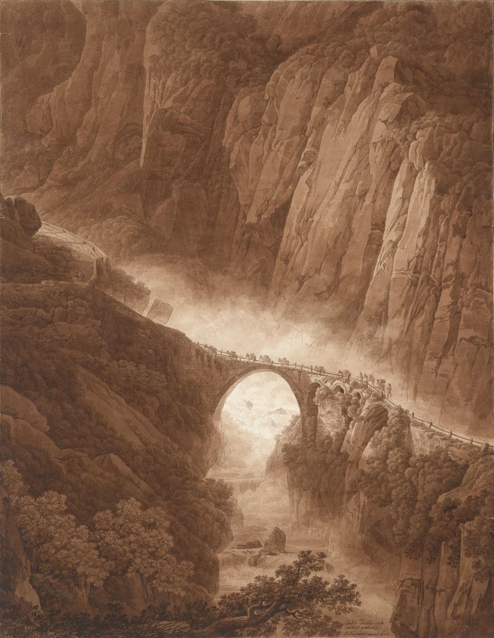 El Puente del Diablo en la Garganta de Schöllenen en el camino a través del Paso de San Gotardo con una caravana de mulas, antes de 1805 de Peter Birmann