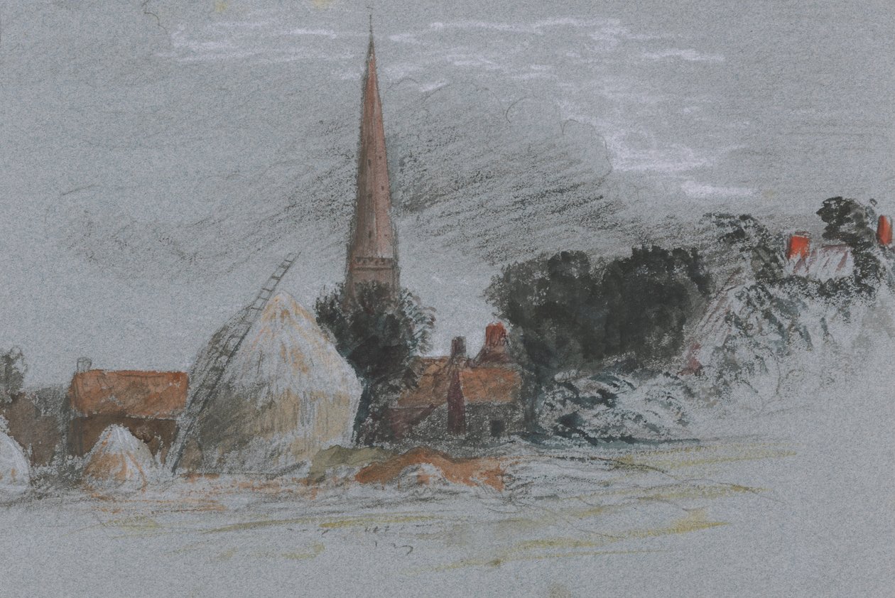 Estudio de paisaje: un pajar cerca de una iglesia de Peter de Wint