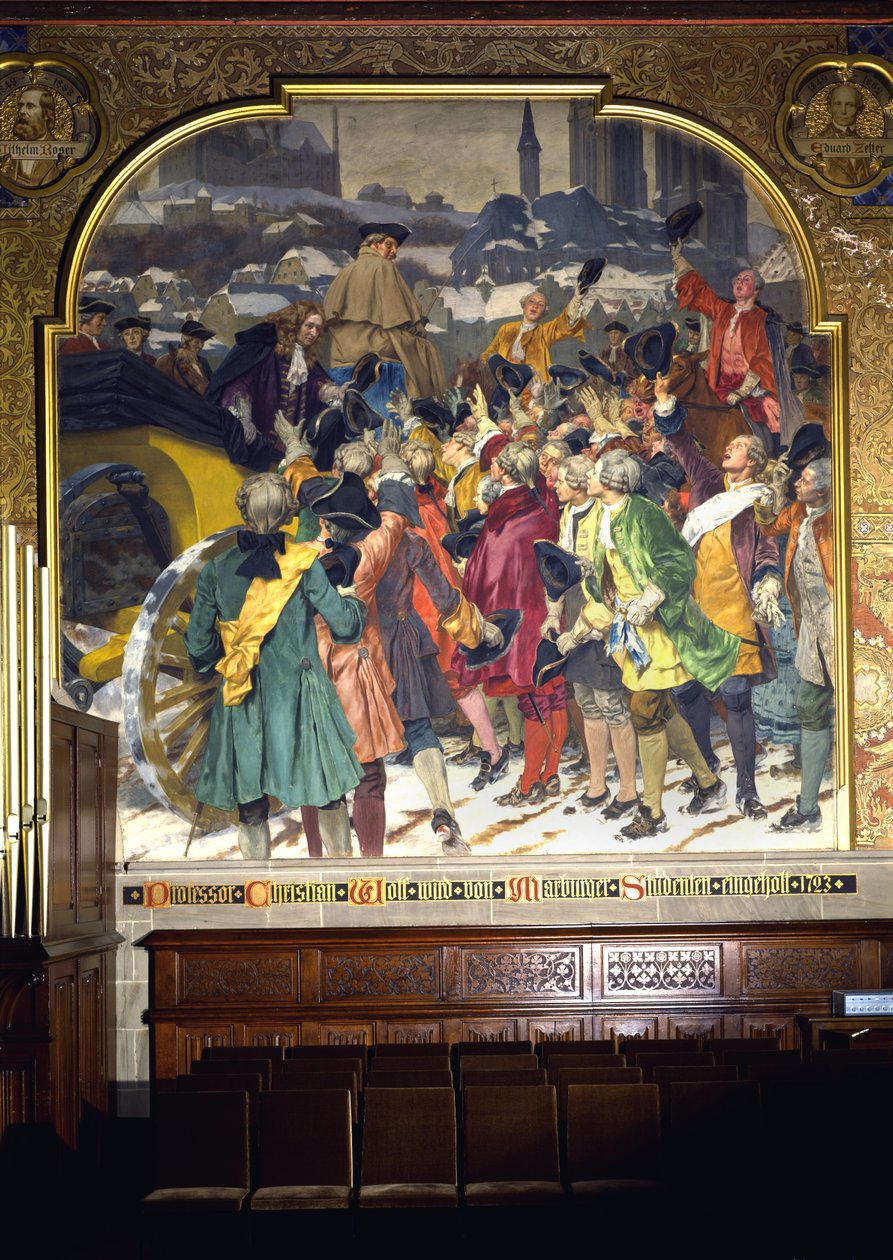 Estudiantes rodeando al profesor Christian Wolff a su llegada a Marburgo en 1723 de Peter Johann Theodor Janssen