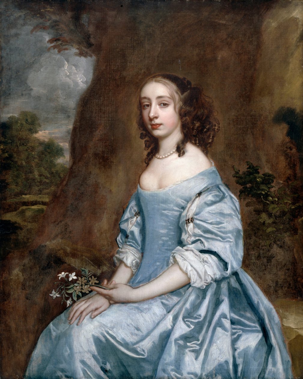 Retrato de una dama en azul sosteniendo una flor de Peter Lely