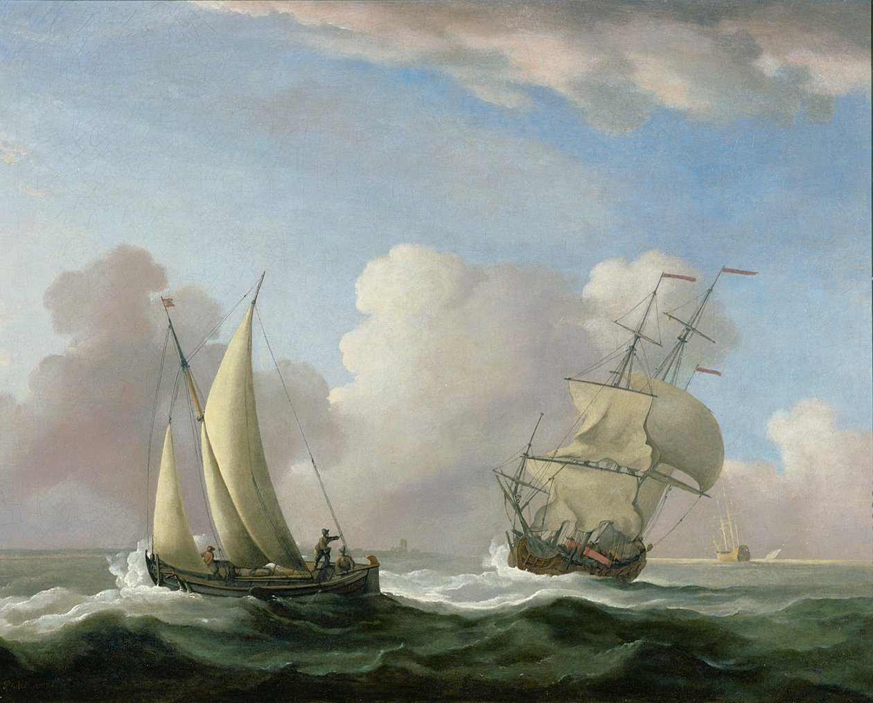 Un barco de guerra en un oleaje y un bote de vela de Peter Monamy