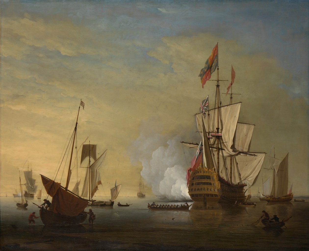 Un barco inglés con velas sueltas disparando un cañón de Peter Monamy