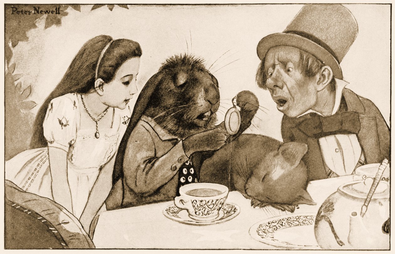 "Lo sumergió en su taza de té y lo miró de nuevo", ilustración para Las Aventuras de Alicia en el País de las Maravillas de Lewis Carroll de Peter Newell