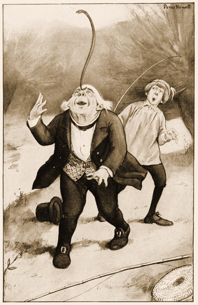 "El Viejo Padre William equilibrando una Anguila en la punta de su nariz", ilustración para Las Aventuras de Alicia en el País de las Maravillas de Lewis Carroll de Peter Newell