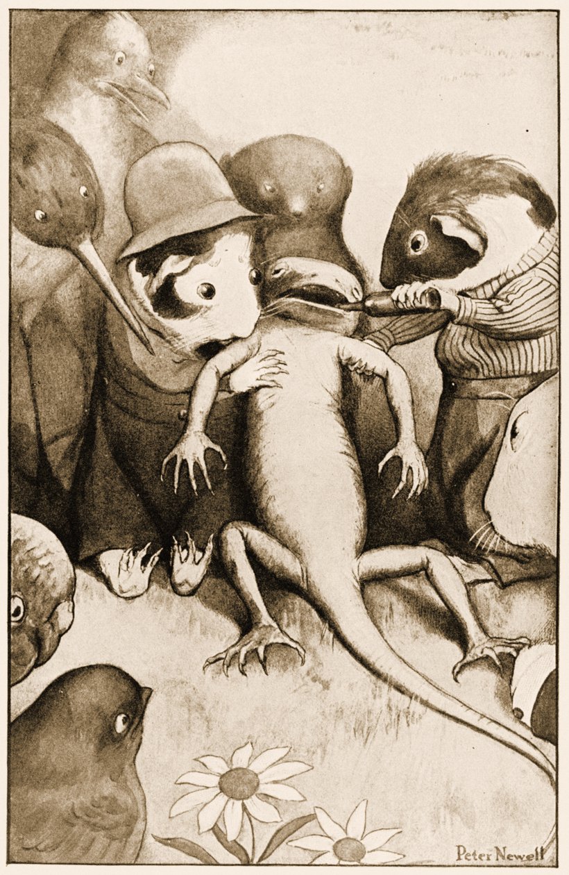 El pobre lagarto Bill estaba en el medio siendo sostenido, ilustración para Las aventuras de Alicia en el país de las maravillas de Lewis Carroll, 1901 de Peter Newell