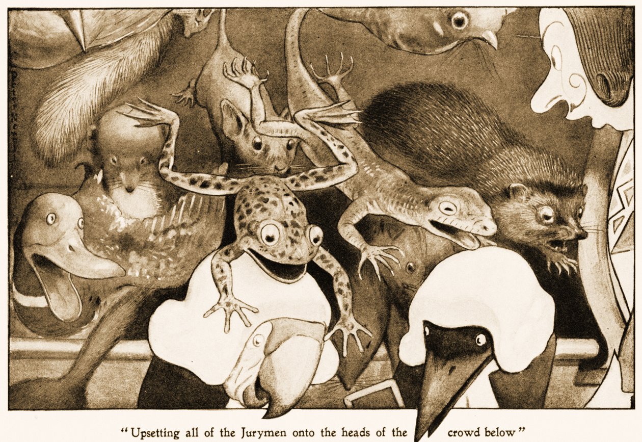 Volcando a todos los Jurados sobre las cabezas de la multitud abajo, ilustración para Las aventuras de Alicia en el país de las maravillas de Lewis Carroll, 1901 de Peter Newell