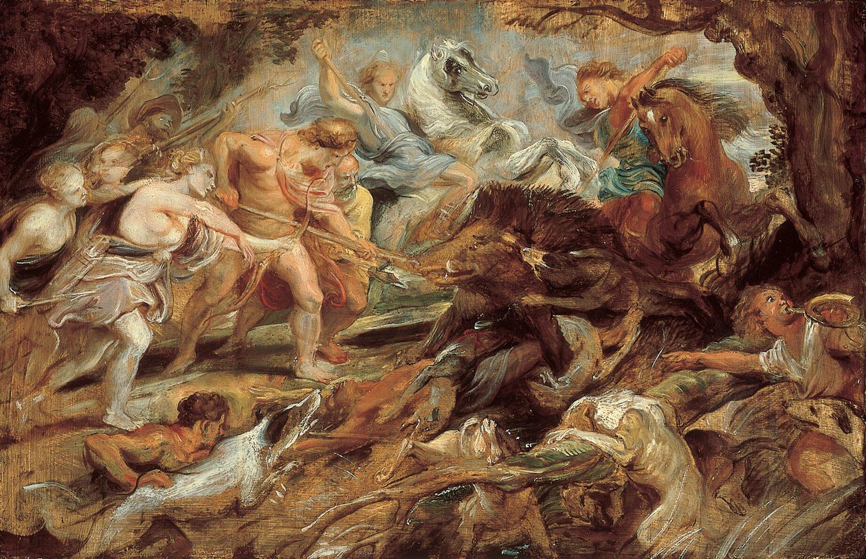 Meleagro y Atalanta y la caza del jabalí de Calidón, estudio (Museo Norton Simon) de Peter Paul Rubens
