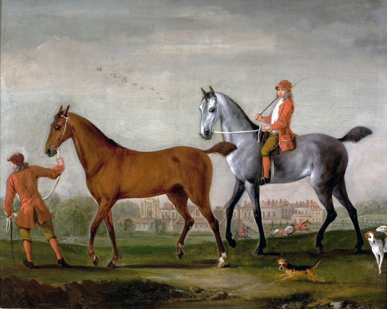 Dos Caballos de Carreras con Mozos y Perros en el Parque de la Abadía de Newstead, Nottinghamshire de Peter Tillemans
