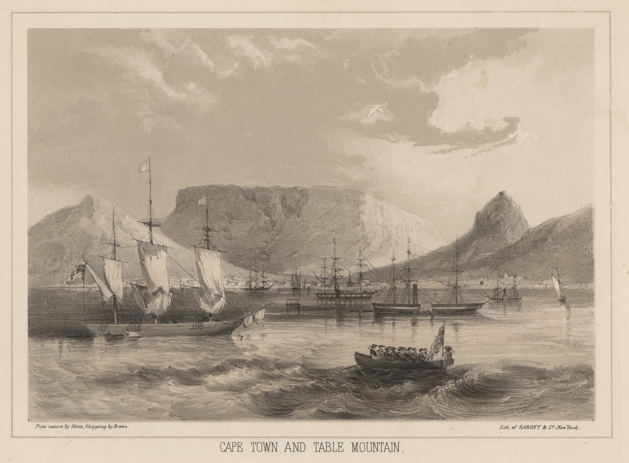 Ciudad del Cabo y la Montaña de la Mesa, litografía por Sarony y Co., 1855 de Peter Bernhard Wilhelm Heine