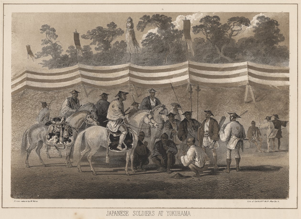 Soldados japoneses en Yokohama, litografía de Sarony y Co., 1855 de Peter Bernhard Wilhelm Heine