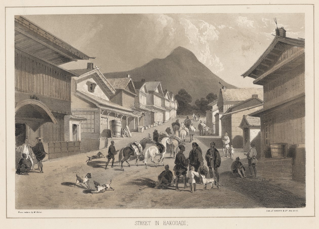 Calle en Hakodadi, litografía por Sarony y Co., 1855 de Peter Bernhard Wilhelm Heine