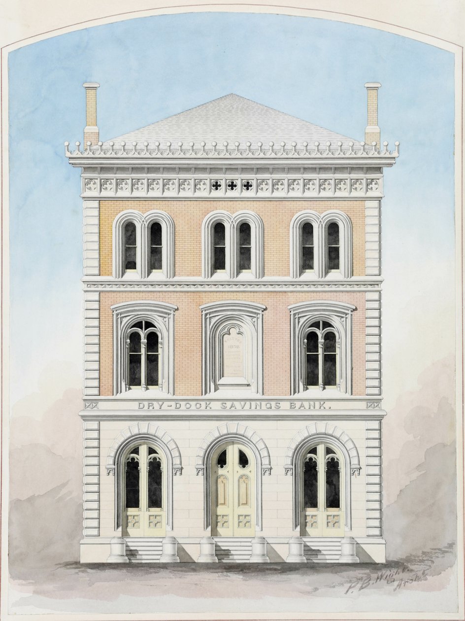 Dry Dock Savings Bank, Ciudad de Nueva York, Nueva York, Dibujo del diseño del concurso de Peter Bonnett Wight