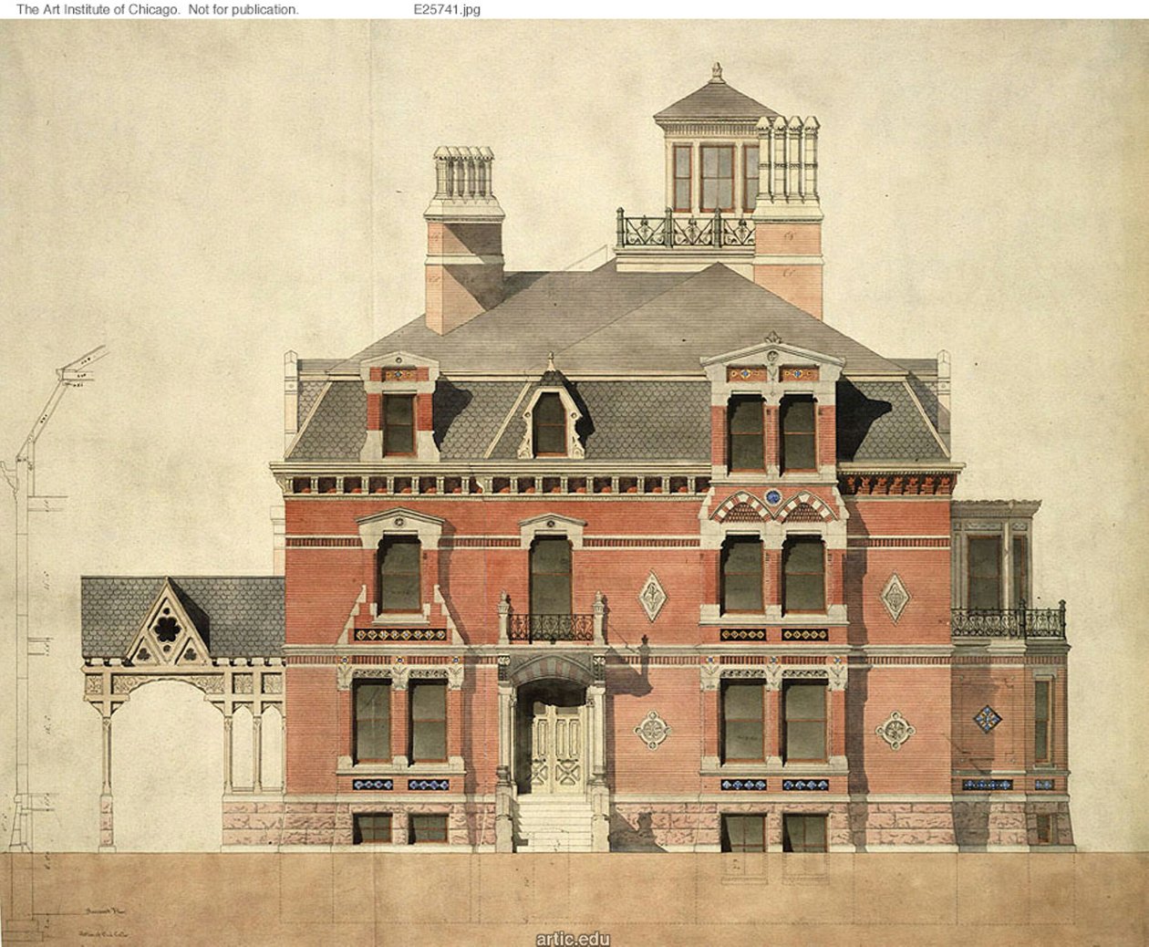 Casa de Eliphalet W. Blatchford, Chicago, Illinois, elevación de LaSalle Street y sección parcial de Peter Bonnett Wight