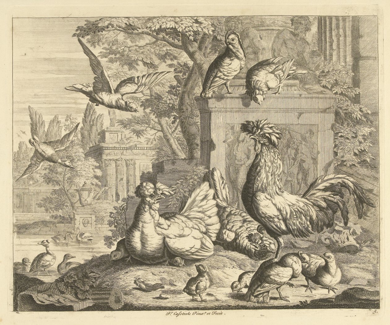 Gallo, gallina con pollitos y otras aves en un jardín con ruinas antiguas Aves diferentes (título de la serie) de Peter Casteels (III)
