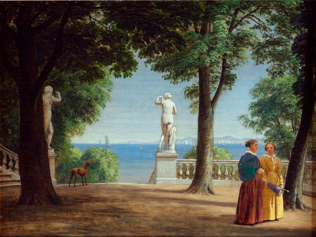 Vista hacia Kullen desde una terraza ajardinada con estatuas (óleo sobre lienzo) de Peter Christian Skovgaard