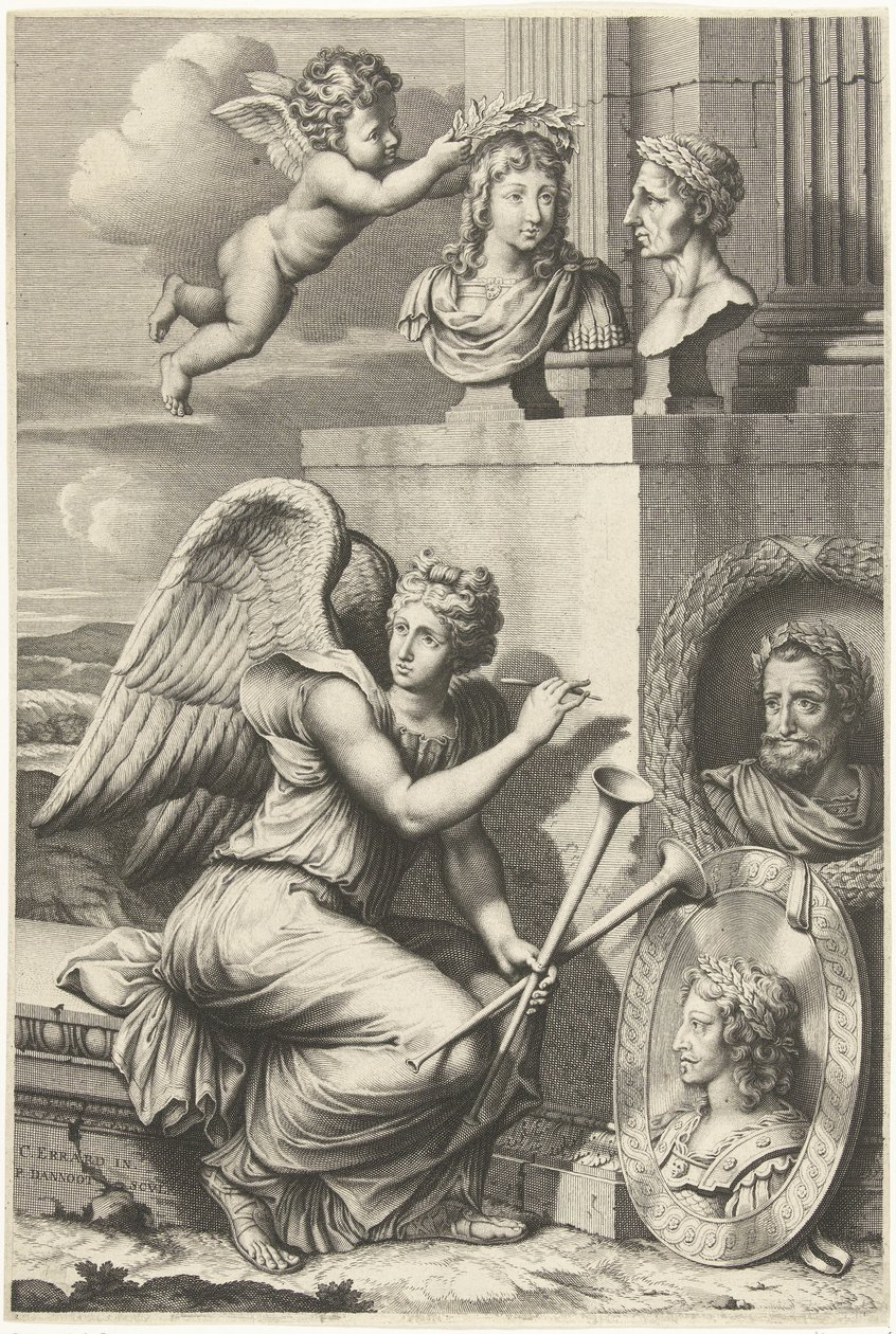 Fama sentada junto a retratos de gobernantes con coronas de laurel de Peter Dannoot