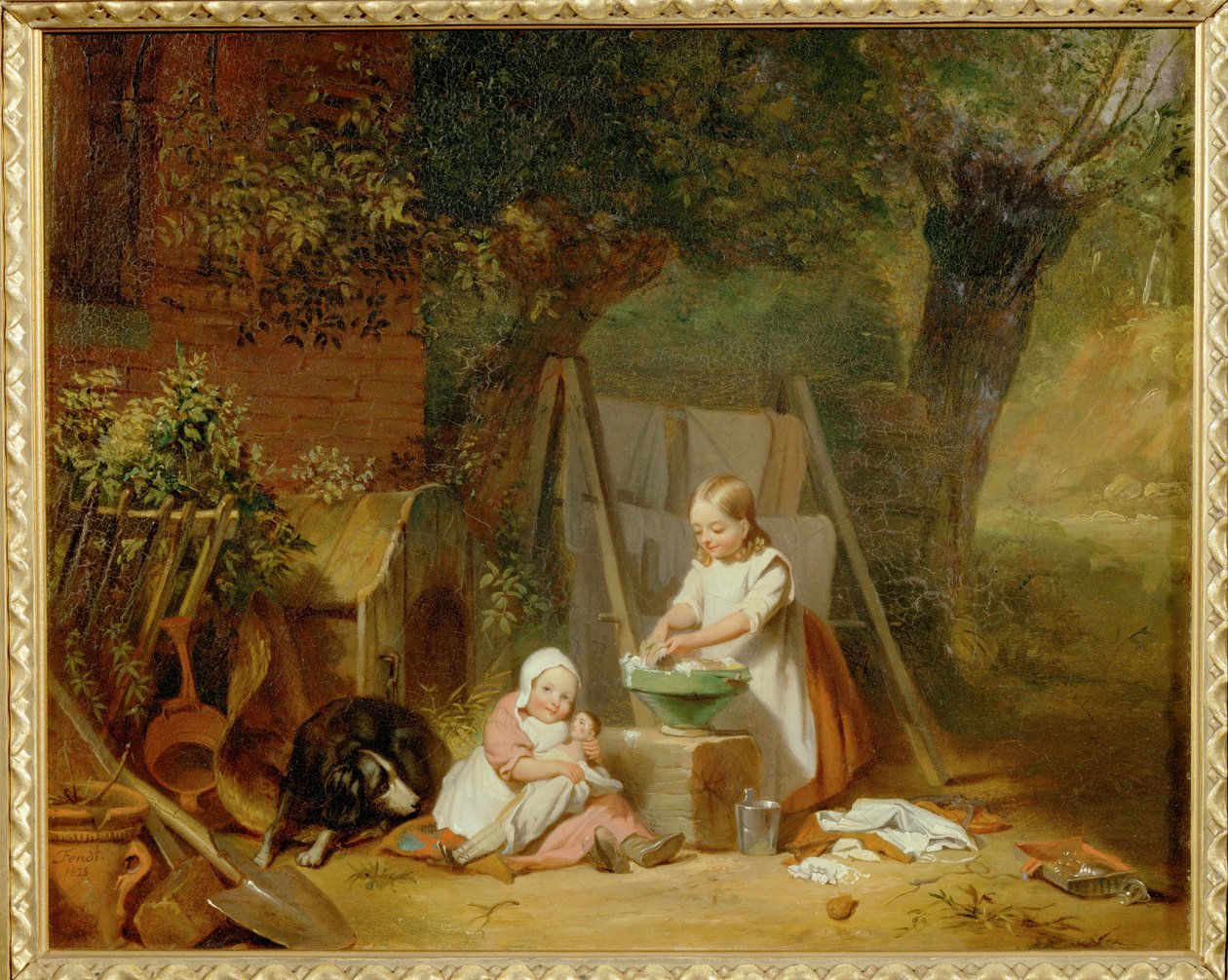 Die Puppenwaesche im Garten - Lavandería de muñecas en el jardín ... (óleo sobre madera) de Peter Fendi