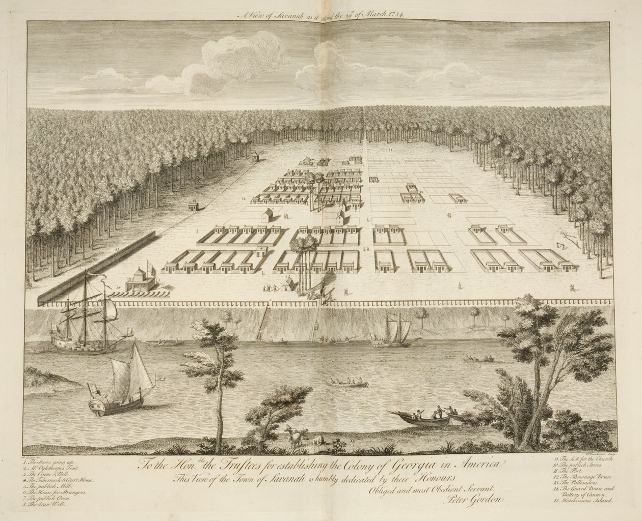 Vista de Savannah como estaba el 29 de marzo de 1734, grabado por P. Fourdrinier, Londres, c.1735 de Peter Gordon