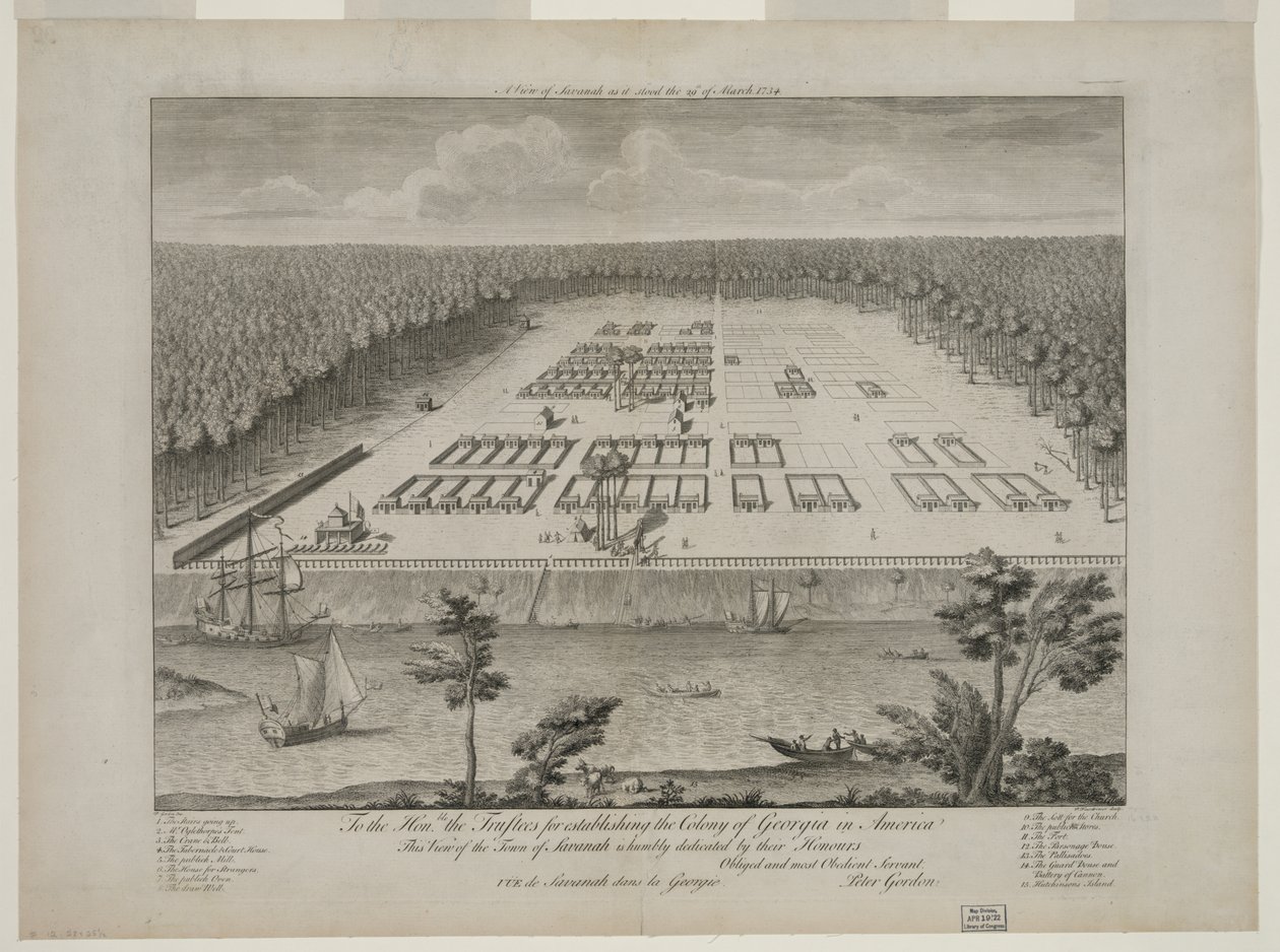 Vista de Savannah como estaba el 29 de marzo de 1734, grabado por P. Fourdrinier, Londres, c.1735 (grabado) de Peter Gordon