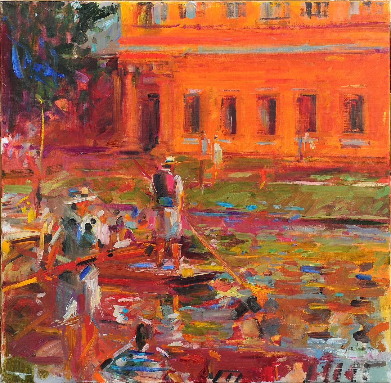 Carros de fuego, Cambridge , 2021 (óleo sobre lienzo) de Peter Graham
